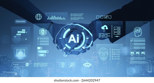 Two businesspeople shaking hands with glowing AI technology UI elements on a digital cityscape background, symbolizing innovation partnership
