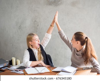 Two Businesswoman Smile And Raise Hands Up, Feeling Happy On Friday, Complete Finish Job, Successful/achievement Working In Office Concept