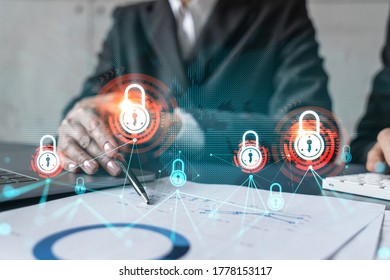 Two businesswomen work together and lock icon drawing. Concept of security information. Multiexposure - Powered by Shutterstock