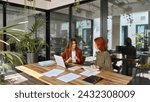 Two busy business women of young and middle age talking in creative green office sitting at desk. Professional ladies employee and manager having conversation using laptop at work. Candid photo.