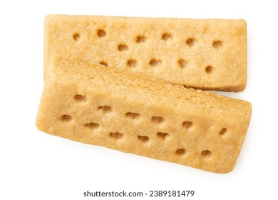 Two butter shortbread finger biscuits isolated on white. Top view.