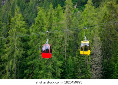 Two cabins of the chairlift in operation, and in the background the green pine forest