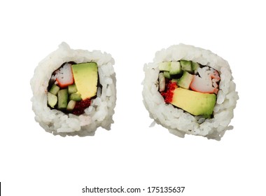 Two California Rolls Sushi Isolated On White Background Top View