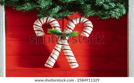 Two candy canes with red stripes and a pine branch decoration hang on a red wooden wall, framed by green pine branches.