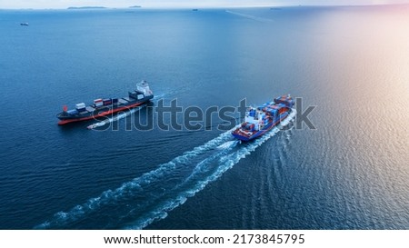 Two cargo large ship running opposite direction concept import export cargo container service and transportation in the ocean logistics and transport trade to custom  forwarder mast