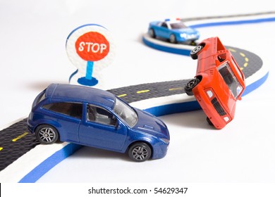 Two Cars Accident Crash On Road And Approaching Police, Insurance Case, Broken Toys Auto Car