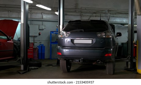 Two Cars With An Opened Hood In Car Repair Service. One Car Is Lexus Rx And Another Is Skoda Octavia. Back View Of Cars.