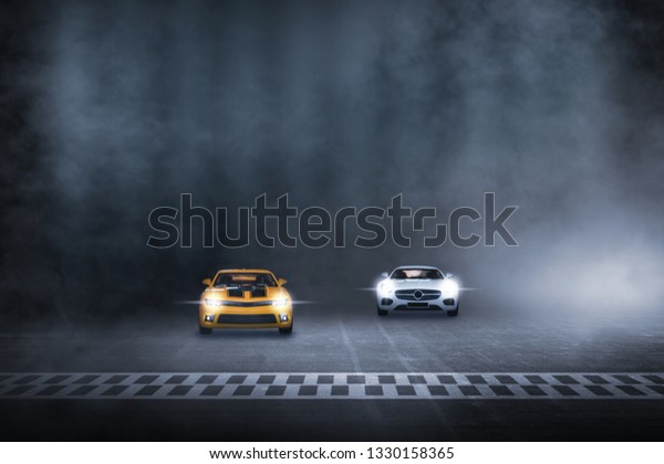 Two cars race\
track finish line racing on\
night