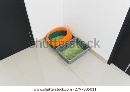 Two cat litter boxes with green litter placed in a corner of a room