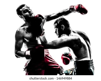 two caucasian  men exercising thai boxing in silhouette studio  on white background - Powered by Shutterstock