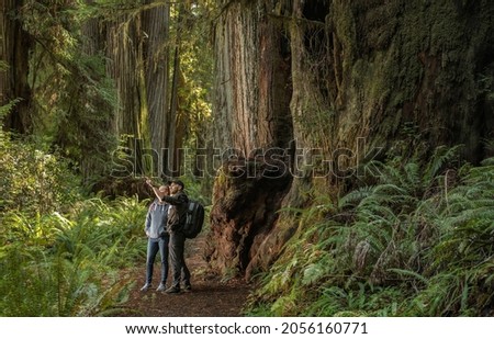 Two Caucasian Tourist in Their 40s Exploring California's Coastal Redwoods Forest Along a Scenic Highway 101, United States of America.