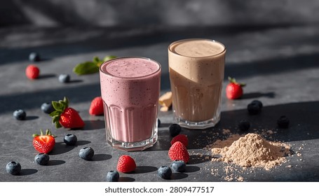 Two ceramic cups with coffee beans and cinnamon sticks on wooden table