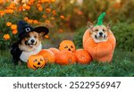 two cheerful corgi dogs in halloween costume sitting in yard surrounded by orange pumpkins