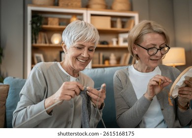 Two cheerful senior women enjoying their retirement, sitting on a comfortable sofa in their living room, knitting and embroidering together, sharing a moment of relaxation and creativity