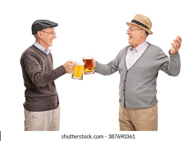 Two Cheerful Seniors Drinking Beer And Having A Conversation Isolated On White Background