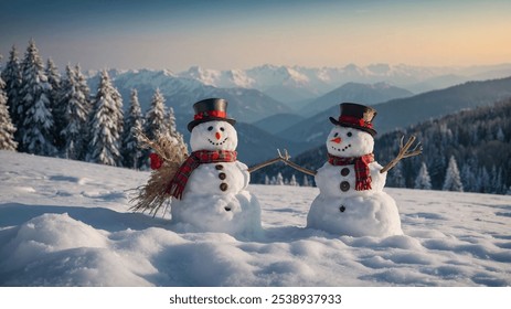 Two cheerful snowmen stand hand-in-hand on a snowy mountaintop, overlooking a breathtaking winter landscape - Powered by Shutterstock