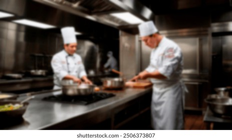 Two chefs in a professional kitchen are preparing dishes, focused on their tasks. The scene is slightly blurred, giving a dynamic and busy atmosphere - Powered by Shutterstock