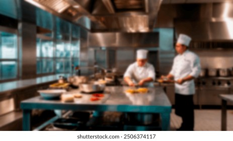 Two chefs in a professional kitchen are working together, their movements creating a blurred effect. The stainless steel counters and equipment reflect the kitchen's intensity - Powered by Shutterstock