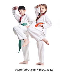 Two Children Athletes Martial Art Taekwondo Training