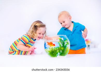 Two Children, Brother And Sister, Cute Little Girl And Adorable Baby Boy Feeding A Goldfish Swimming In A Round Fish Bowl Aquarium Having Fun With Their Pet At Home