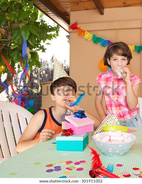 Two Children Brother Sister Enjoying Birthday Stock Photo Edit