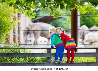 Two children, little toddler boy and preschool girl, brother and sister, watching elephant animals at the zoo on sunny summer day. Wildlife experience for kids at animal safari park.  - Shutterstock ID 465108140