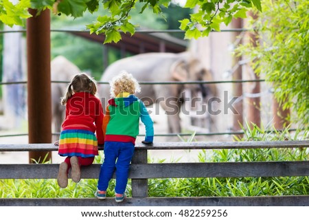 Two children, little toddler boy and preschool girl, brother and sister, watching elephant animals at the zoo on sunny summer day. Wildlife experience for kids at animal safari park. 