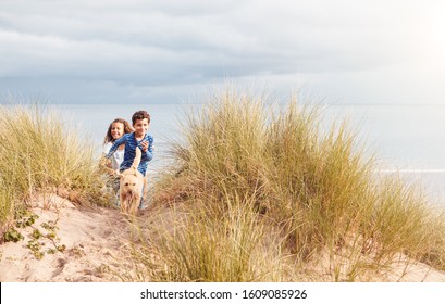 Two Children With Pet Dog Having Fun Exploring In Sand Dunes On Winter Beach Vacation