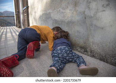 Two Children Playing Catch Ants. Funny Moment Of Complicity And Discovery. Happy Childhood.