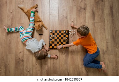 Zwei Kinder spielen Schachspiel. zwei junge Schachspieler, die auf dem Boden liegen. Spiel gewinnen und verlieren. Draufsicht. Heimunterricht. Katzen als Haustier.