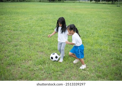 Two children playing soccer in a park. One of them is wearing a blue shirt. The sun is shining brightly, making the grass look green and inviting - Powered by Shutterstock