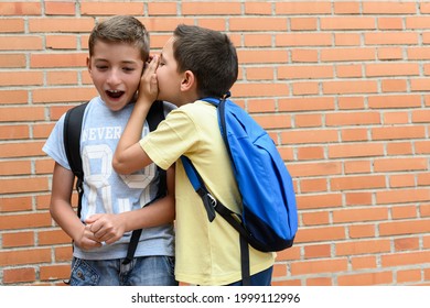 Two children with school bags, one is telling something in his ear and the other one opens his mouth in surprise