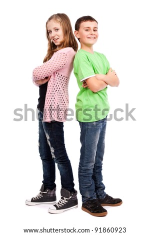 Two children standing back to back
