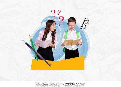 Two children together learn collage picture girl surprised look boy book questioned how his grades high diary isolated on blue background