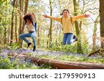 Two Children Walking Through Bluebell Woods In Springtime Jumping Over Log