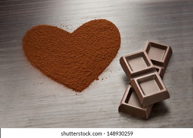 Two chocolate bars beside a heart made from cocoa powder