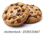 Two chocolate chip cookies isolated on a clean background, perfect for bakery advertisements and dessert menus