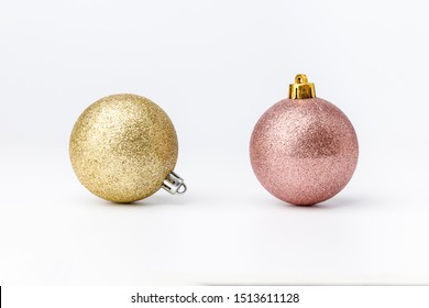 Two Christmas balls on white background. Christmas decor and toys. 