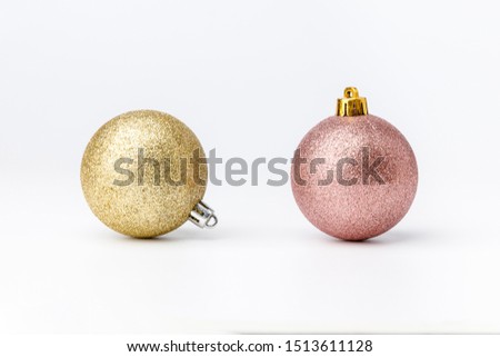 Two Christmas balls on white background. Christmas decor and toys. 