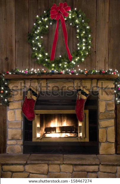 Two Christmas Stockings Hanging By Fireplace Stock Photo Edit Now