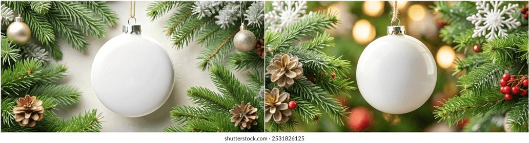 Two Christmas trees with white ornaments and pine cones. The trees are surrounded by green leaves and the ornaments are hanging from the branches - Powered by Shutterstock