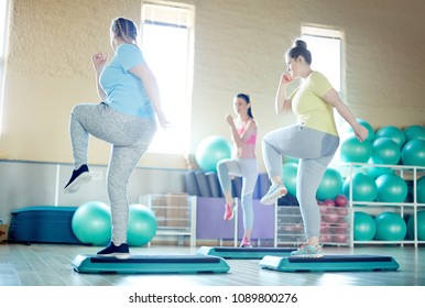 Two Chubby Women And Their Fitness Instructor Exercising On Step-platforms During Workout In Gym