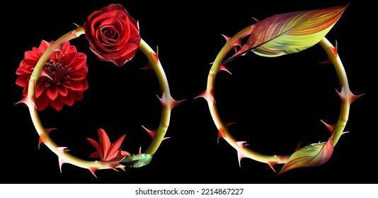 Two Circles Of Rose Stems, Large Thorns And Flowers, Black Background.