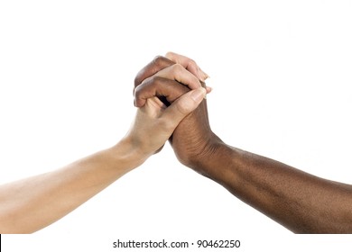 Two Clasped Hands, One Of A White Woman And The Other Of An African Man, All On A White Background