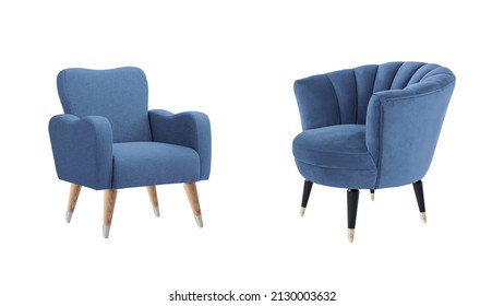 Two Classic Armchairs Art Deco Style In Blue Velvet With Wooden Legs Isolated On White Background With Clipping Path. Series Of Furniture