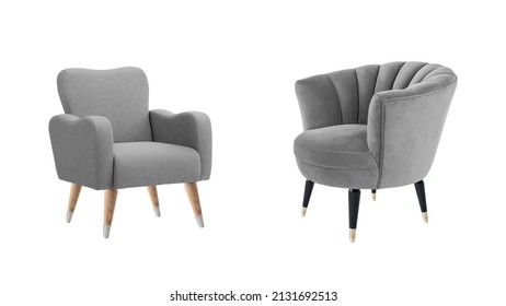 Two Classic Armchairs Art Deco Style In Gray Velvet With Wooden Legs Isolated On White Background With Clipping Path. Series Of Furniture