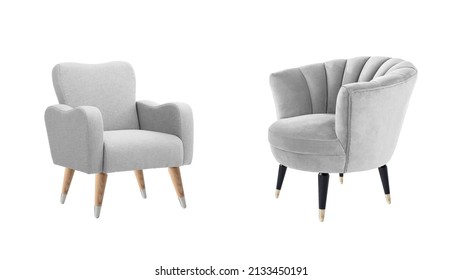 Two Classic Armchairs Art Deco Style In White Velvet With Wooden Legs Isolated On White Background With Clipping Path. Series Of Furniture