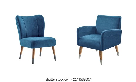 Two Classic Armchairs Art Deco Style In Blue Velvet With Wooden Legs Isolated On White Background. Series Of Furniture