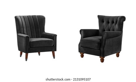 Two classic quilted armchairs art deco style in black velvet with wooden legs isolated on white background with clipping path. Series of furniture