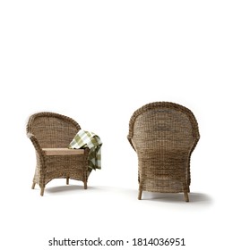 Two classic wicker chair with striped plaid isolated on white background. Anfass and profil. - Shutterstock ID 1814036951